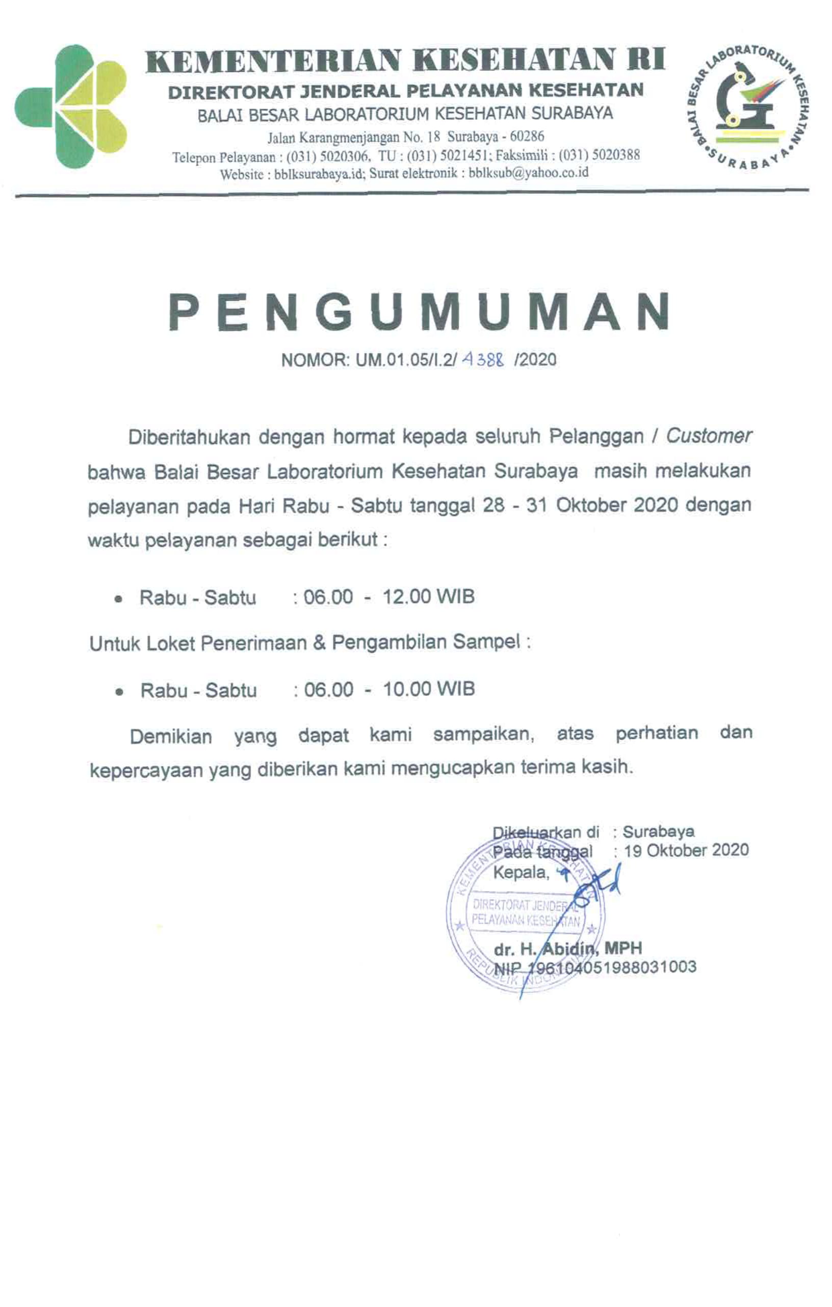 Jadwal Pelayanan Selama tanggal 28 - 31 Oktober 2020