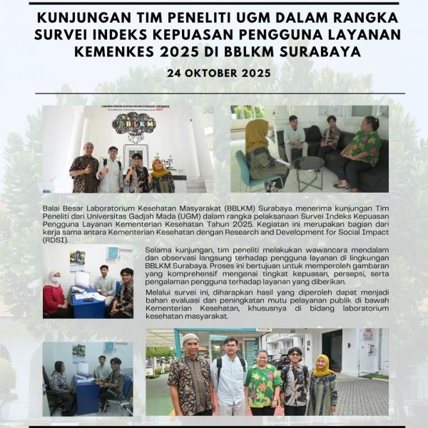 Kunjungan Tim Peneliti UGM dalam Survei Indeks Kepuasan Pengguna Layanan Kemenkes 2025 di BBLKM Surabaya